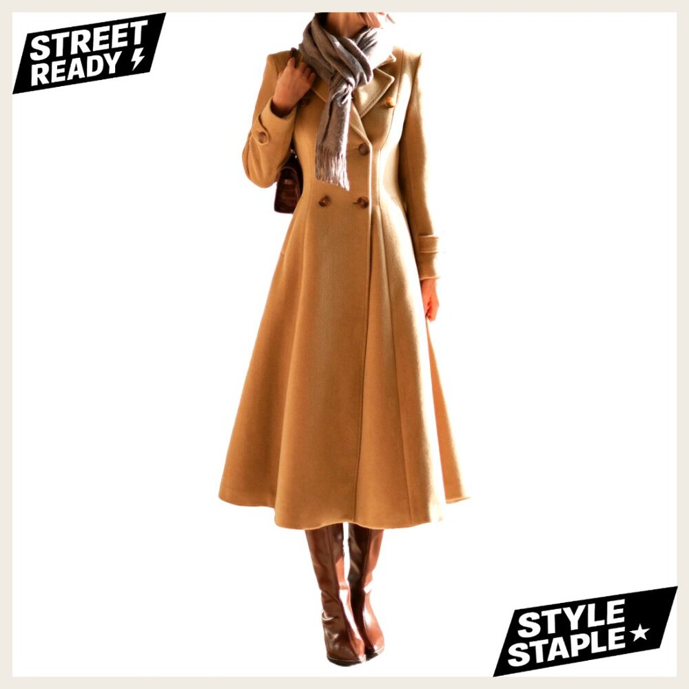 Wool Pea Coat Double Breasted Trench Classic Elegant Winter Office Wear